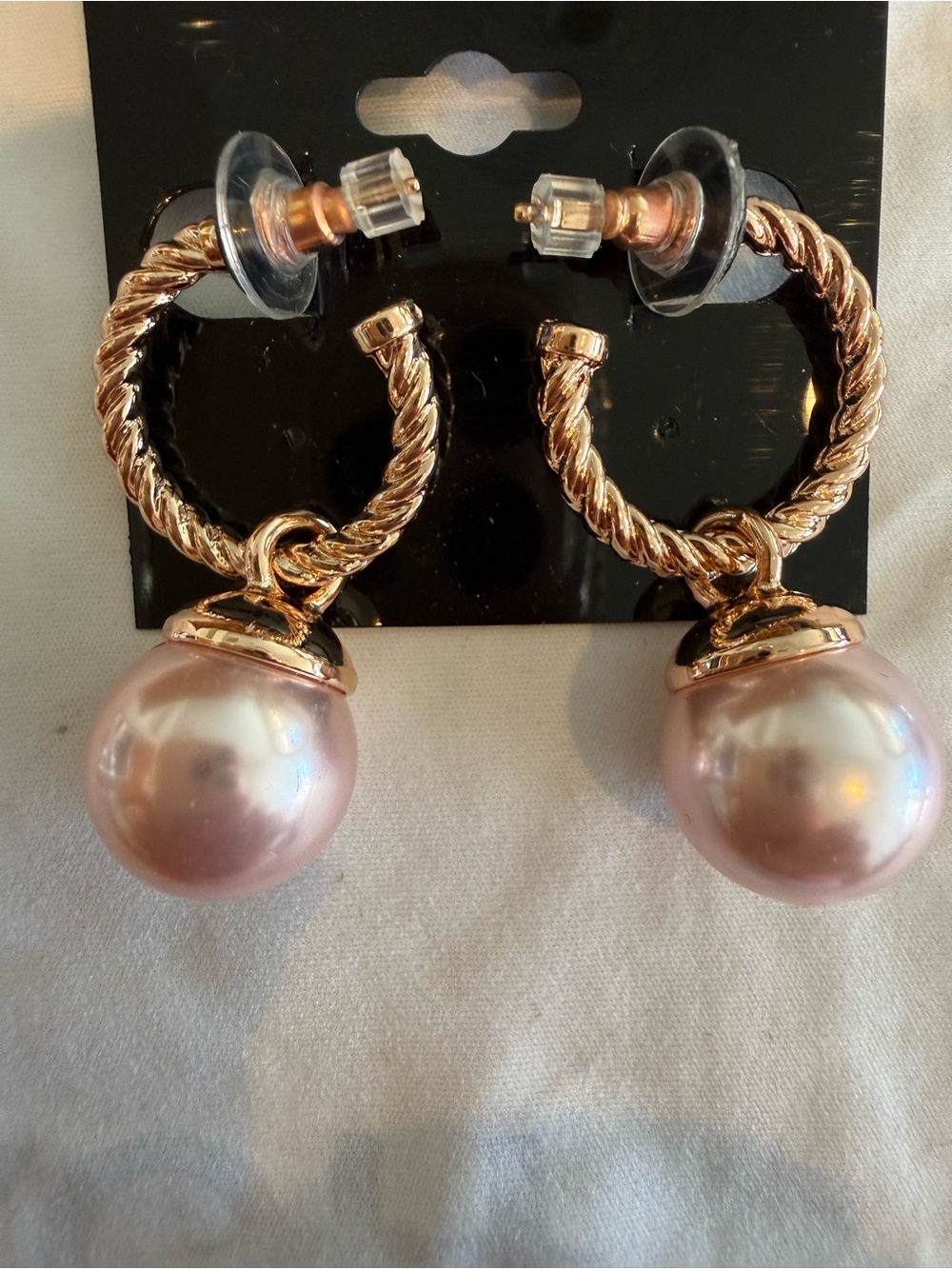 Off Park Rose Gold Hoop Earrings Pink Faux Pearl Removable Drop 2-in-1 Statement